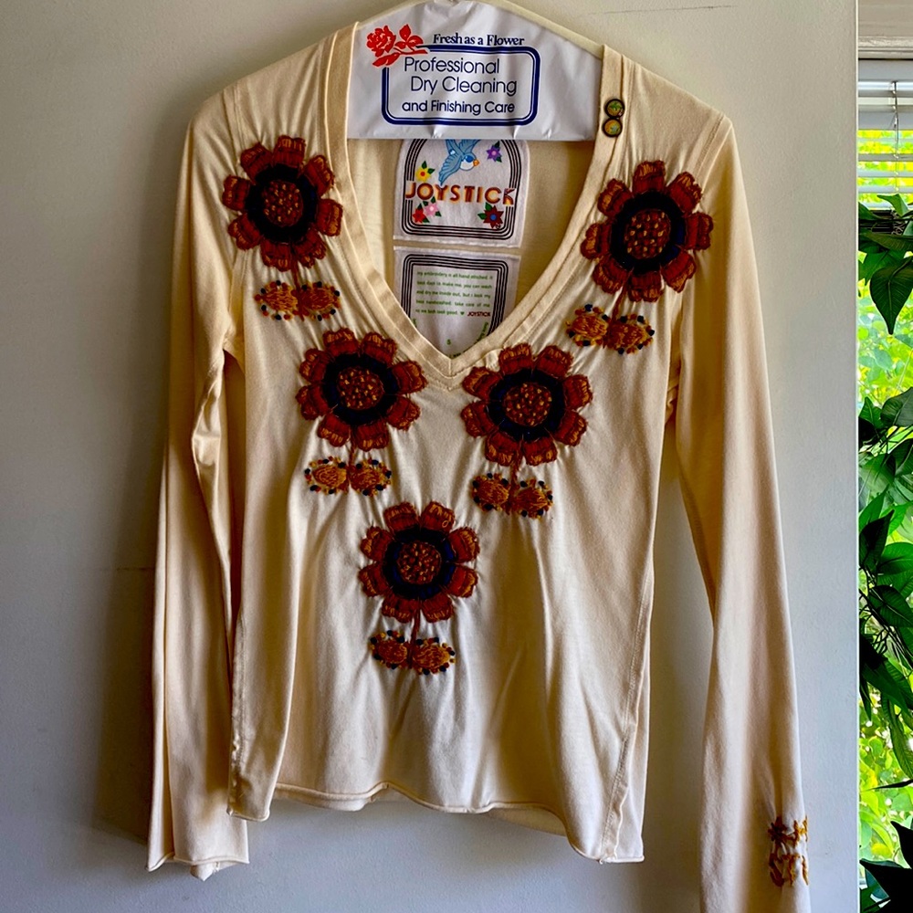 Joystick Long Sleeved Top, with Hand Embroidered Floral Design, Size S
